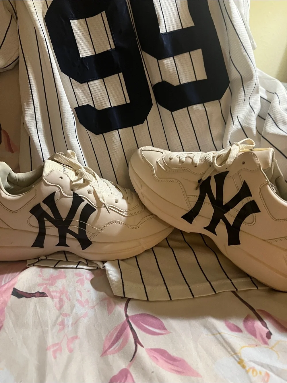 Gucci Cream White Sneakers with Black NY yankees Logo